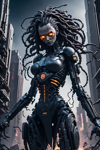 destroyed city, grim visuals, cyborg cyberpunk medusa, highly detailed, energy weapons, horror, great illumination, skynet, dynamic pose