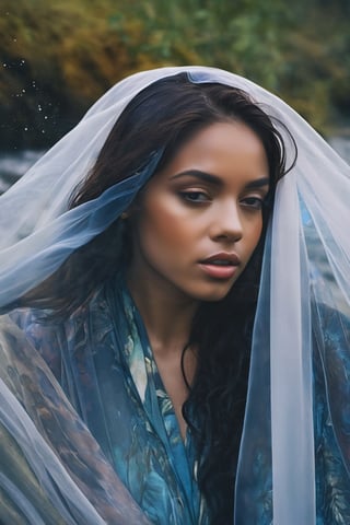 Photography, Portrait, Young woman, Frame: Close-up portrait. Scene: The woman is submerged in a waterfall, her reflection adding an ethereal touch. Details: She wears flowing fabric that floats in the water. Style: Artistic portrait portraying serenity and a connection with nature.  (full body shot) Artist: Ava Williams. Camera Model: Sony Alpha 1. Parameters: 8K UHD.