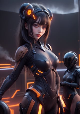 A steam-powered cityscape at dusk. Kyary Pamyu Pamyu, donning a Xenomorph-inspired bodysuit with copper accents, stands confidently amidst a whirlwind of gears and machinery. Her black hair flows like a vortex around her, as 20-year-old Angel Olsen's striking features - strong jawline, bold eyebrows, and piercing gaze - radiate from beneath a ornate metal headpiece. The duo's dynamic pose captures the essence of steampunk innovation, with Kyary's hands grasping intricately designed props amidst a swirling cloud of smoke and steam.,Mecha