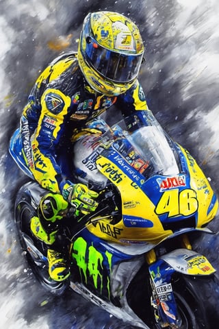 painted as a watercolour painting, Valentino rossi (VR) 46 helmet image,  drenched in the rain, silver to black , full body, racing pose, background is stormy weather with lightning, contrasting colours, perfection, suave, Layered washes of different hues and densities, deadly, artistic, fiery eyes glowing, meditating, magical powers, fantasy, lightning fists, fearsome kicks, powerful, fierce, black to white aura emanating from his fists