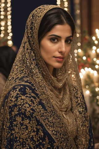 Generate hyper realistic image of a Persian woman attending a midnight Christmas Mass, dressed in an elegant and modest ensemble, capturing the grace and reverence of the holiday season.up close