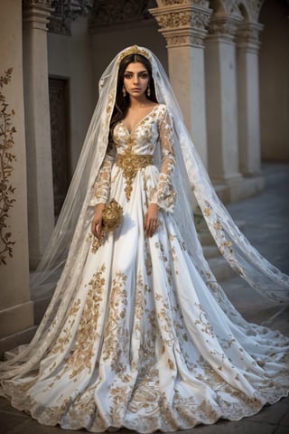 Gorgeous  Persian  girl,
 gorgeous pure white bridal gown, mysterious beauty, exquisite materials such as silk and satin, elaborate embroidery and lace work,((Gold embroidered dress with butterfly motif)),
 flowing silhouette dress, voluminous skirt and wide sleeves, decorated with beautiful floral motifs and delicate lace,b3rli