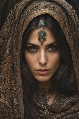 Generate hyper realistic image of a Persian enchantress with an air of malevolence, surrounded by swirling dark energies, her gaze capable of casting curses and weaving spells that plunge those who cross her into despair.. up close