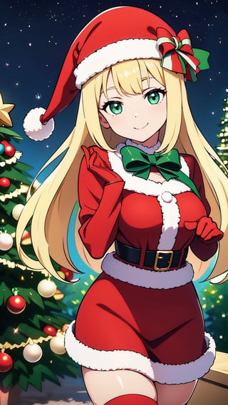 ((masterpiece, best quality, ultra-detailed, very fine 8KCG wallpapers)), 1girl, solo, kawaii, smile, medium breasts, blonde hair, long hair, green eyes, santa, red beret, red bow ribbon, red gloves, red dress, red boots, santa girl costume, christmas, holy night, christmas decorations, christmas night, nice hands, perfect hands,