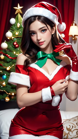 ((masterpiece, best quality, ultra-detailed, very fine 8KCG wallpapers)), 1girl, solo, kawaii, smile, medium breasts, blonde hair, long hair, green eyes, santa, red beret, red bow ribbon, red gloves, red dress, red boots, santa girl costume, christmas, holy night, christmas decorations, christmas night, nice hands, perfect hands,