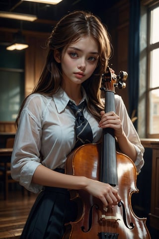 high school student,girl,school uniform,carrying a case of cello,in the performance room ,Best Quality, 32k, photorealistic, ultra-detailed, finely detailed, high resolution, perfect dynamic composition, beautiful detailed eyes, sharp-focus, cowboy_shot, 