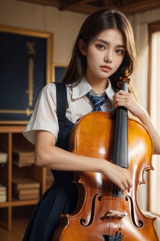 high school student,girl,school uniform,carrying a case of cello,in the performance room ,Best Quality, 32k, photorealistic, ultra-detailed, finely detailed, high resolution, perfect dynamic composition, beautiful detailed eyes, sharp-focus, cowboy_shot, 