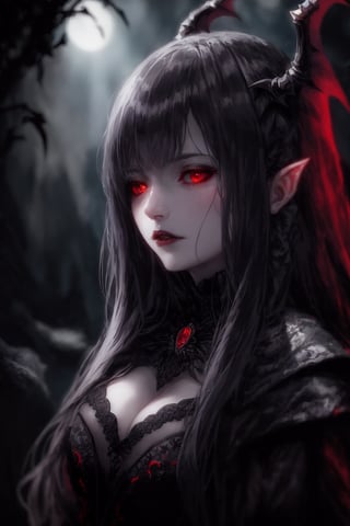 Vampire Queen, backlit, intricate details, highly detailed, slate atmosphere, cinematic, dimmed colors, dark shot, muted colors, film grain, lut, spooky, depth blur, blurry background dof, bokeh, realistic, realistic skin,ojou-sama pose