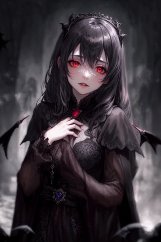 Vampire Queen, backlit, intricate details, highly detailed, slate atmosphere, cinematic, dimmed colors, dark shot, muted colors, film grain, lut, spooky, depth blur, blurry background dof, bokeh, realistic, realistic skin,ojou-sama pose