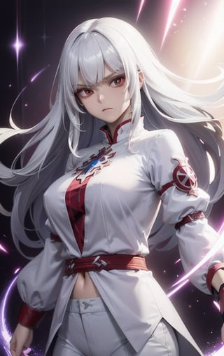 (masterpiece, top quality, best quality, official art, beautiful and aesthetic:1.2), cute angry girl, detailed face, ((red eyes)), medium chest, long white hair,  violet blouse and pants, luminous effects, highest detailed, floating particles, ancient runes, geometric patterns, mana, shadows, epic atmosphere