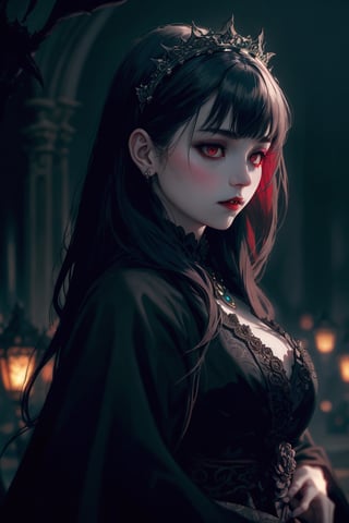 Vampire Queen, backlit, intricate details, highly detailed, slate atmosphere, cinematic, dimmed colors, dark shot, muted colors, film grain, lut, spooky, depth blur, blurry background dof, bokeh, realistic, realistic skin,ojou-sama pose