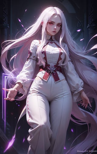 (masterpiece, top quality, best quality, official art, beautiful and aesthetic:1.2), cute angry girl, detailed face, ((red eyes)), medium chest, long white hair,  violet blouse and pants, luminous effects, highest detailed, floating particles, ancient runes, geometric patterns, mana, shadows, epic atmosphere