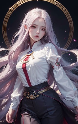 (masterpiece, top quality, best quality, official art, beautiful and aesthetic:1.2), cute angry girl, detailed face, ((red eyes)), medium chest, long white hair,  violet blouse and pants, luminous effects, highest detailed, floating particles, ancient runes, geometric patterns, mana, shadows, epic atmosphere