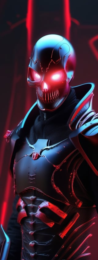 A person in a futuristic black metal suit with a metal red skull mask on top of a helmet, has futuristic red LED light between his armor plates, 4k quaility