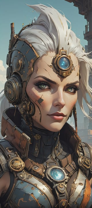 steampunk female robot face, face full tank top, full lance boots, white hair, extremely detailed, intricate, intricate, character concept art, by Peter Mohrbacher and Alphonse Mucha, overwatch, weapon, detailed, style, 8k, trending on artstation, unreal engine 4k, steampunk female horse, wendigo, portrait, steampunk armor --w 400 --h 600e, ultra high detail, hyper realistic, realistic concept art. sense of awe and scale, in the art style of Filip Hodas, a grimdark dystopian cyberpunk post-apocalyptic style, --ar 16:8,Comic Book-Style 2d