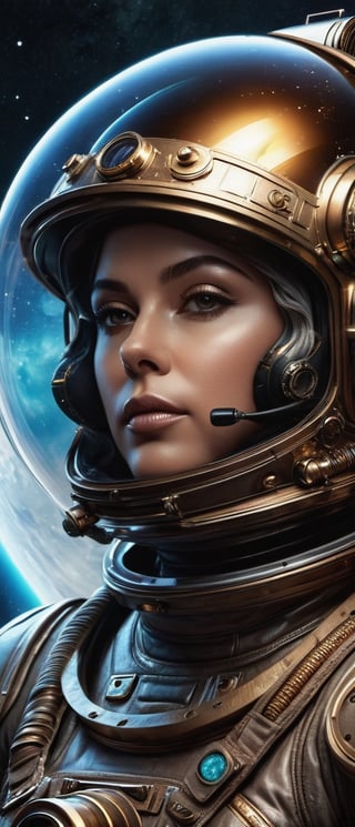 A close-up portrait of an astronaut wearing a steampunk space helmet with nebulas and space stations reflecting in the visor, perfect composition, beautiful, intricate, insanely detailed octane render, trending on artstation, 8K artistic photography, photorealistic concept art, soft natural volumetric cinematic light, chiaroscuro, award-winning photograph, masterpiece, oil on canvas, H.R. Giger creature design, Beeple composition, Frank Frazetta rendering.