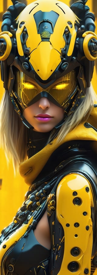 a woman dressed is a yellow and black dress with a helmet, in the style of cyberpunk realism, zbrush, argus c3, made of insects, industrial machinery aesthetics, shiny eyes, high definition