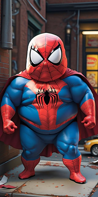 Craft an elaborate and hilarious image of Spider-Man, unexpectedly transformed into an extremely chubby and comical superhero. Enrich the scene with a funny background, perhaps showcasing befuddled onlookers or other Marvel characters reacting with surprise. Ensure Spider-Man retains the iconic costume, and let the entire composition radiate with humor in this uniquely amusing superhero moment.