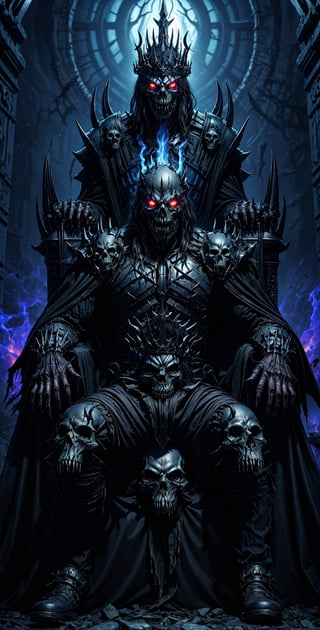  a perfect scary image of a dark and malevolent king:

"Generate a spine-chilling and nightmarish visual representation of a sinister and malevolent Dark King. This malevolent figure possesses a skull-like face with sunken, hollow eyes that burn with a malevolent, glowing red light. His smile is twisted with pure evil.

The Dark King is clad in a dark and rugged suit of armor that exudes an aura of dread and malevolence. Dark smoke billows ominously from his very being, creating an eerie and unsettling atmosphere around him.

In his powerful grasp, he holds a dark demon sword with an eerie black aura that seems to consume all light. The sword is a symbol of his malevolent power and authority.

Seated upon a throne crafted from the bones of the fallen, the Dark King radiates a sense of dread and dominance. The throne itself is an ominous testament to his reign of terror.

The background is engulfed in an eerie, purplish flame that casts eerie shadows and adds to the haunting ambiance.

This image captures the essence of a terrifying and formidable Dark King, a figure of darkness and fear." 