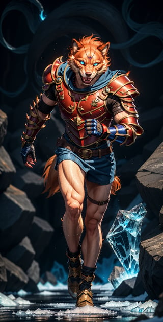 Fire Werewolf, glowing Blue eyes, giant body, leather armour, film magic claws, Iceland ice background, running on ice, iron clows Gauntlet, ,perfecteyes