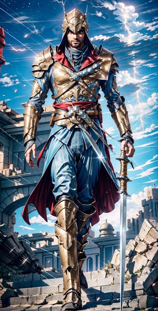 Realistic, (masterpiece1.2), (Ultra HDR quality), high detailed body, fairy suit ice blue colour knight Armour, glowing hitech armour, Hi-Tech web shooter, hitech weapon, deadly look, Kingdom, walking underwear, holding thunder gold sword, glowing  lightning yellow sword, shining sword, mecha, ezio_soul3142, 