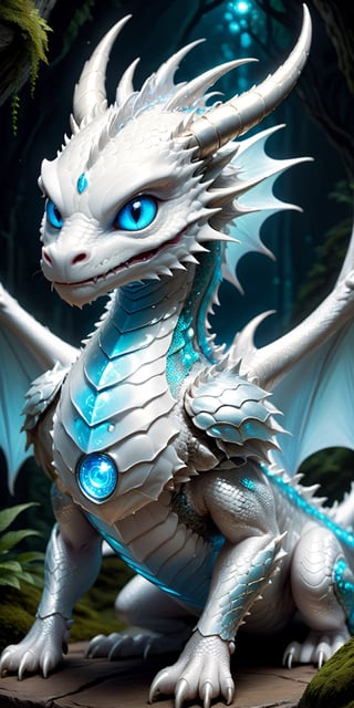 Craft an enchanting fantasy scene featuring a beautiful silver-white biometric dragon with glowing, shiny biometrical features. Imagine captivating blue eyes and impressive glass horns. Place this majestic creature in a fantasy-style background that complements its ethereal beauty, aiming for a visually striking image with intricate details and a magical atmosphere.,cute little dragon