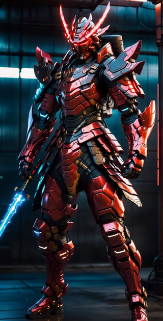 A Hi-Tech cyberpunk style red black samurai suit, Custom design, shining body, glowing look, full shining suit, body, hues.,steampunk style,cyberpunk style,mecha, perfect custom Hi-Tech suit, holding glowing lightning sword, weapon master, 