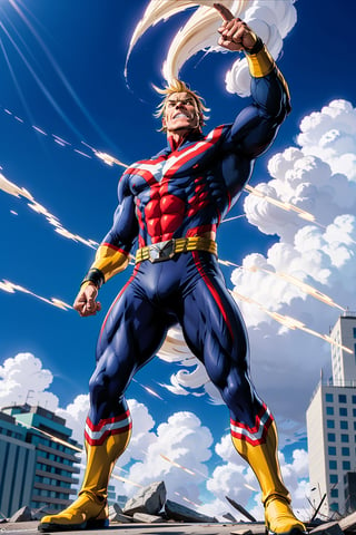 Description: Create an image of the iconic character from My Hero Academia, All Might, showcasing his immense power. The image should depict All Might in his hero form, with his muscles bulging and his iconic red, white, and blue costume. He should be using his signature move, "Plus Ultra Wind Wave," where he gathers energy and unleashes a powerful shockwave of wind and force. The impact of the wind wave should be visible, with debris being blown away and a dynamic pose that conveys his heroic determination. The background could show the cityscape, emphasizing the scale of his impact.