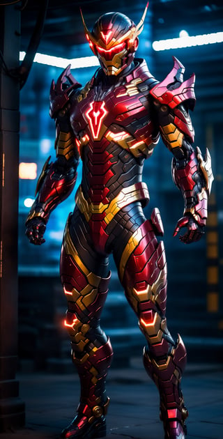 A Hi-Tech cyberpunk style red black Shaktimaan suit, Custom design, shining body, glowing look, full shining suit, body, hues.,steampunk style,cyberpunk style,mecha, perfect custom Hi-Tech suit, holding glowing lightning sword, weapon master, 