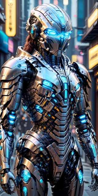 A Hi-Tech cyberpunk style biometric glowing Hi-Tech armour, super smooth and shiny Hi-Tech glowing armour, fantasy style. Cybernetic robotic Hi-Tech glowing armour 