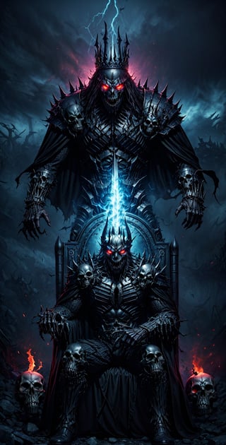  a perfect scary image of a dark and malevolent king:

"Generate a spine-chilling and nightmarish visual representation of a sinister and malevolent Dark King. This malevolent figure possesses a skull-like face with sunken, hollow eyes that burn with a malevolent, glowing red light. His smile is twisted with pure evil.

The Dark King is clad in a dark and rugged suit of armor that exudes an aura of dread and malevolence. Dark smoke billows ominously from his very being, creating an eerie and unsettling atmosphere around him.

In his powerful grasp, he holds a dark demon sword with an eerie black aura that seems to consume all light. The sword is a symbol of his malevolent power and authority.

Seated upon a throne crafted from the bones of the fallen, the Dark King radiates a sense of dread and dominance. The throne itself is an ominous testament to his reign of terror.

The background is engulfed in an eerie, purplish flame that casts eerie shadows and adds to the haunting ambiance.

This image captures the essence of a terrifying and formidable Dark King, a figure of darkness and fear." 