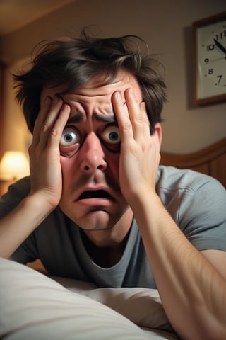 Show a person waking up in the morning with an exaggerated, exhausted expression, rubbing their eyes and looking drained. The background can be a dimly lit bedroom with an alarm clock showing an early hour.