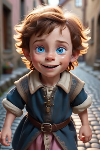 Create a highly detailed, 3D animated portrait of a young boy with strikingly expressive blue eyes, a wide smile, and a look of innocent wonder. The child should have freckles and tousled brown hair, with the lighting highlighting the texture of the skin and hair. Position the child on a cobblestone street, with the background subtly blurred to keep the focus on the child's face. The setting should suggest a historical or medieval context, with the child wearing pri cess pink dress. The overall tone of the image should evoke a sense of curiosity and adventure, capturing the child's awe and excitement at exploring their surroundings, he is wearing princes cloths now.