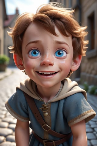 Create a highly detailed, 3D animated portrait of a young boy with strikingly expressive blue eyes, a wide smile, and a look of innocent wonder. The child should have freckles and tousled brown hair, with the lighting highlighting the texture of the skin and hair. Position the child on a cobblestone street, with the background subtly blurred to keep the focus on the child's face. The setting should suggest a historical or medieval context, with the child wearing pri cess pink dress. The overall tone of the image should evoke a sense of curiosity and adventure, capturing the child's awe and excitement at exploring their surroundings, he is wearing princes cloths now.