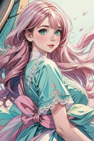 (1cute girl),  wearing eyeglasess,  holding ice cream,  long aqua curly hair,  green eyes,  wearing a beautiful pink lace dress. White skin,  splat art background,  eye_detail,  background_detail,  face_detail,  hair_detail,  more_detail,  add_detail,  adddetailed,  cute_face,  white_skin,  midjourney_style,  midjourney_art,  full_body,  colorful_detail,  watercolor_(artwork),  light_particles, 1girl,1girl