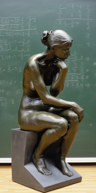 Le penseur de Rodin but a woman, sculpture, in front of a difficult math problem on a blackboard