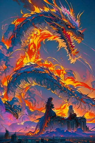 (masterpiece, top quality, best quality, official art, beautiful), (1girl), extreme detailed, fantasic art, highest detailed, 20yo girl sitting on throne next to her big fire dragon, ((nude)), pretty cooo face, full body, deep thinking, long purple wavy hair, fire-shaped hair brooch, (the ruined city burning with red flames in the background), emotional eyes, 1 girl, ((ripped_clothes)) , epic atmosphere,perfecteyes,long,dragon,nightgown,sabaltrnd,feh