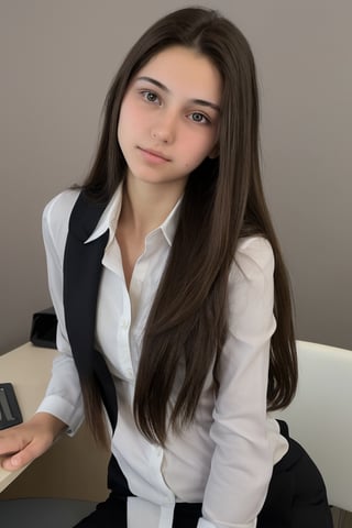 18 year old waif-like model, brown eyes, full lips, thin face, long brown hair pulled up wearing business attire at a corporate office