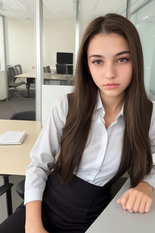 18 year old waif-like model, brown eyes, full lips, thin face, long brown hair, wearing business attire at a corporate office