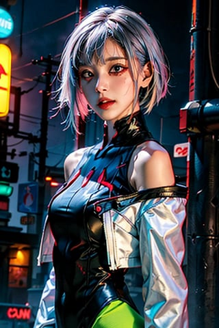 lucy \(cyberpunk\), 1girl, 20 years old beautiful Japanese, skinny, bangs, white off shoulders jacket, bare shoulders,  black leotard, blurry, bob cut, breasts, clothing cutout, cropped jacket, cyberpunk edgerunners, building, neon:1.8, cyberpunk:1.2, sci-fi:1.2, futuristic:1.2, cyberpunk edgerunners cityscape depth of field, gradient eyes, grey eyes, grey hair, jacket, leotard, lips, long sleeves, looking at viewer, small breasts, multicolored eyes, multicolored hair, night, night sky, off shoulder, open clothes, open jacket, outdoors, seductive smile, close up to face, parted lips, red eyeliner, science fiction, short hair with long locks,  sidelocks, sky, solo, standing, teeth, upper teeth only, white jacket, cyberpunk \(series\), cyberpunk edgerunners,LUCY \(CYBERPUNK\),Real,cbpkv5, bright lighting 