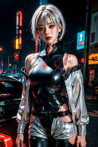 lucy \(cyberpunk\), 1girl, 20 years old beautiful Japanese, skinny, bangs, white off shoulders jacket, bare shoulders, belt, black belt, black leotard, black pants, blurry, bob cut, breasts, clothing cutout, cropped jacket, cyberpunk edgerunners, building, neon:1.8, cyberpunk:1.2, sci-fi:1.2, futuristic:1.2, cyberpunk edgerunners cityscape depth of field, gradient eyes, grey eyes, grey hair, jacket, leotard, lips, long sleeves, looking at viewer, small breasts, multicolored eyes, multicolored hair, night, night sky, off shoulder, open clothes, open jacket, outdoors, pants, seductive smile, erotic pose, parted lips, red eyeliner, science fiction, short hair with long locks, short shorts, shorts, sidelocks, sky, solo, standing, teeth, thigh cutout, upper teeth only, white jacket, white shorts, cyberpunk \(series\), cyberpunk edgerunners,LUCY \(CYBERPUNK\),Real,cbpkv5, bright lighting 