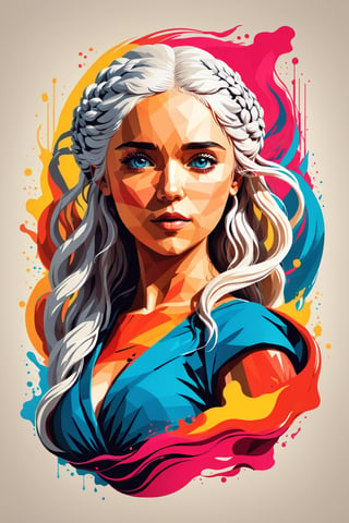 daenerys targaryen movie poster, symetrical, vector illustration, Leonardo Style,tshirt design,oni style, color splash, inkstrike (splatoon), ribbons, vibrant, full figure, 