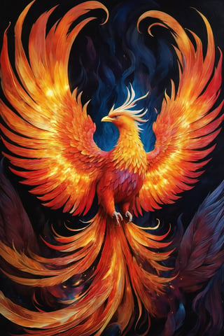 beautiful art, 3d render, hyperdetailed, phoenix bird rising, flame wings, flame feathers, surrounded by sparks, colorful harmonic, oil canvas, watercolor, dark rococco nature, artistic, painting, illustration, masterpiece, dark, detailed, cinematic