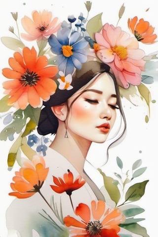 cartoon, woman, surrounded by flowers, blossoming, soft watercolor, white background, white backdrop