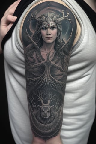 A majestic tapestry of Norse legends adorns your shoulder in the breathtaking tattoo "Norse Legends Unleashed," expertly designed to seamlessly integrate with the natural contours of your body.

The tattoo encompasses the entirety of your shoulder, its intricate details and captivating characters scaling perfectly to fit the canvas. The centerpiece of the design is the mighty figure of Odin, the Allfather, who stands tall in regal armor. His one-eyed gaze, exuding wisdom and cosmic knowledge, adds an air of gravitas to the artwork.

Beneath Odin, the world tree, Yggdrasil, stretches its roots and branches across your shoulder, connecting the realms of existence. The delicate etchings of the tree's leaves and tendrils lend an organic flow to the tattoo, accentuating its harmony with your body.

On the branches of Yggdrasil, the mischievous figure of Loki comes to life, his ever-changing form appearing as if a trick of the eye. His cunning grin and enigmatic presence add a sense of playful unpredictability to the artwork.

Jörmungandr, the fearsome sea serpent, encircles the lower part of your shoulder, its massive coils adding a touch of fierceness and awe to the design. The fine lines of the serpent's scales and the intensity of its expression bring this mythical creature to life with stunning realism.

Above the scene, Valkyries soar gracefully with their outstretched wings, their celestial forms lending a touch of ethereality to the tattoo. Their presence seems to emanate strength and valor, as if they have come to guide fallen warriors to the halls of Valhalla.

The icy realm of Jotunheim looms faintly in the distance, adding a subtle touch of coldness and mystery to the background, enhancing the overall atmosphere of the tattoo.

A mesmerizing aurora dances across the top of the design, mirroring the Northern Lights with vibrant colors that gently transition across your shoulder. This celestial display accentuates the divine nature of the legends depicted, creating a captivating visual spectacle.