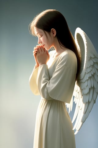 side view of an angel crying into her hands. stood side on.