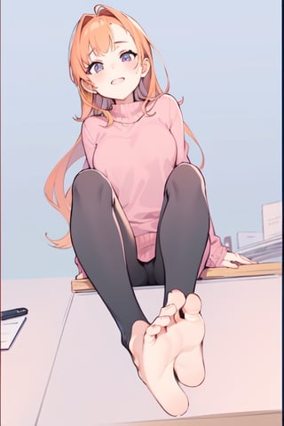 Young lady [Orange hair, pink sweater, black leggings, barefeet] sitting on Office desk