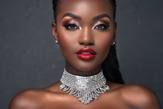 high fashion woman, 30 years, (masterpiece, top quality, best quality, official art, beautiful and aesthetic:1.2), (half body shot) ,(black skinned),(enhanced fake rounded breasts 32D), ((breasts out)1.5), show boobs, (detailed realistic nipple visible), colourful face makeup, (red lips), colorful eyeshadow, glitter in the face ,extremely detailed, ,highest detailed, (dynamic pose), (blured dark background) ,(silver rhinestone tassle earrings), (silver rhinestone choker) , nude,