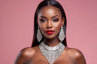 high fashion woman, 30 years, (masterpiece, top quality, best quality, official art, beautiful and aesthetic:1.2), (half body shot) ,(black skinned),(enhanced fake rounded breasts 32D), ((breasts out)1.5), show boobs, (detailed realistic nipple visible), colourful face makeup, (red lips), colorful eyeshadow, glitter in the face ,extremely detailed, ,highest detailed, (dynamic pose), (blured background) ,(silver rhinestone tassle earrings), (silver rhinestone choker) , nude,