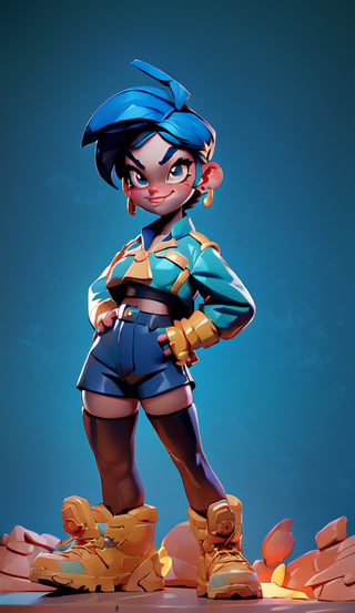 1 girl, ((black skin)), blue hair, short hair, crop top, fireman uniform, sexy, shirt_only, topwear, shorts, bottomwear, black sneakers, thighhighs, stockings, legwear, fingerless gloves, ear piercing, ear ring, eyebrow piercing, eyebrow ring, (gold eyes), smirk, futuristic background, (realistic:1.2), (masterpiece:1.2), (full-body-shot:1.2),(Cowboy-shot:1.2), neon lighting, dark romantic lighting, (highly detailed:1.2),(detailed face:1.2), (gradients), colorful, detailed eyes, (detailed landscape:1.2), (natural lighting:1.2),(detailed background), fire detailed landscape, (glamour pose:1.2), solo, ,3DMM,blond